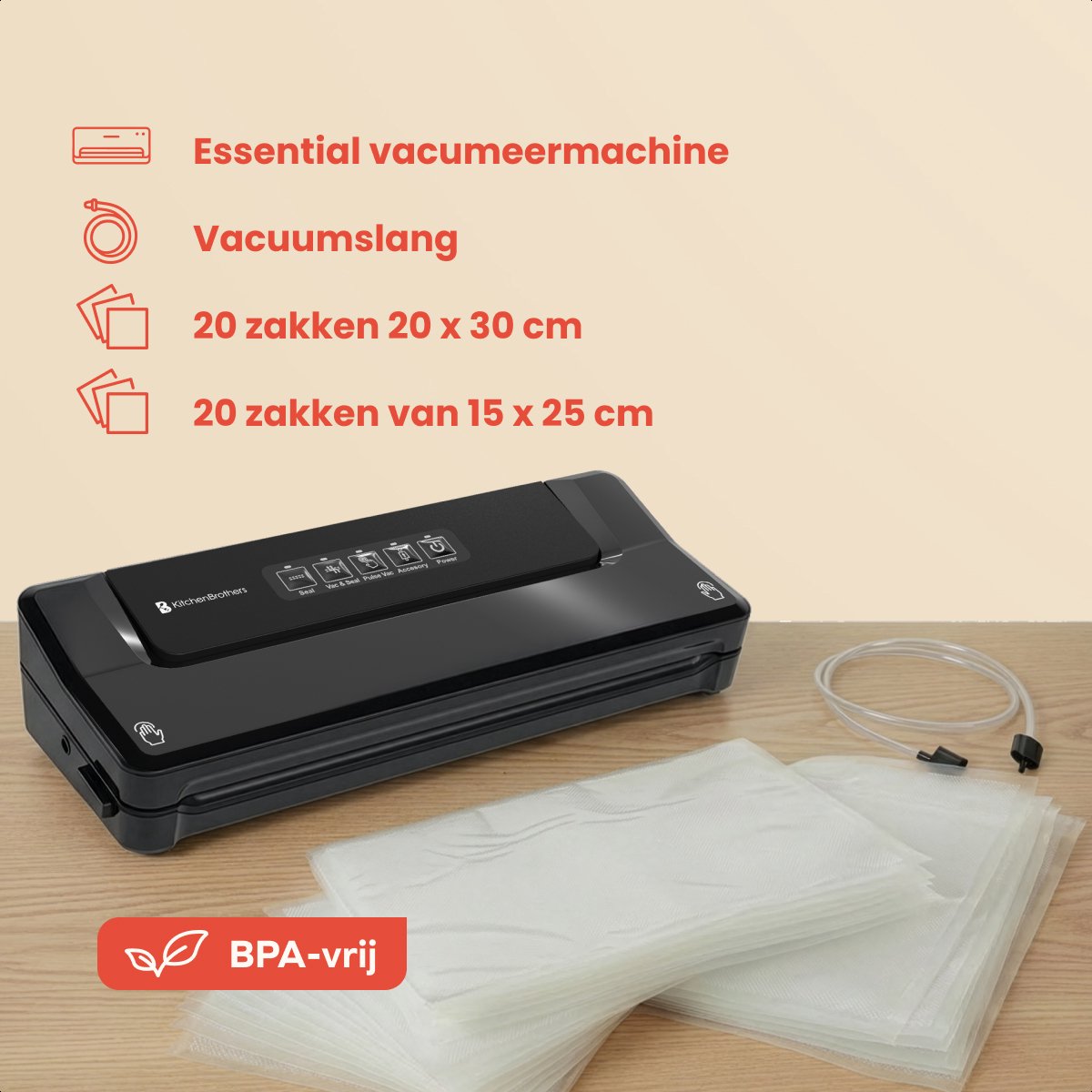 KitchenBrothers Vacuum machine Essential - Machine à emballer sous vide 4,5 L/min - 4 supports - 40 sacs de mise sous vide sans PFAS et tuyau de mise sous vide inclus - Noir
