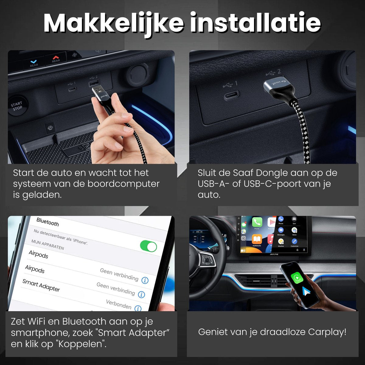 Saaf D200 Plus Apple CarPlay & Android Auto Dongle - Sans fil - USB-C & USB-A - Compact 6,5 x 3,5 x 1,2 cm