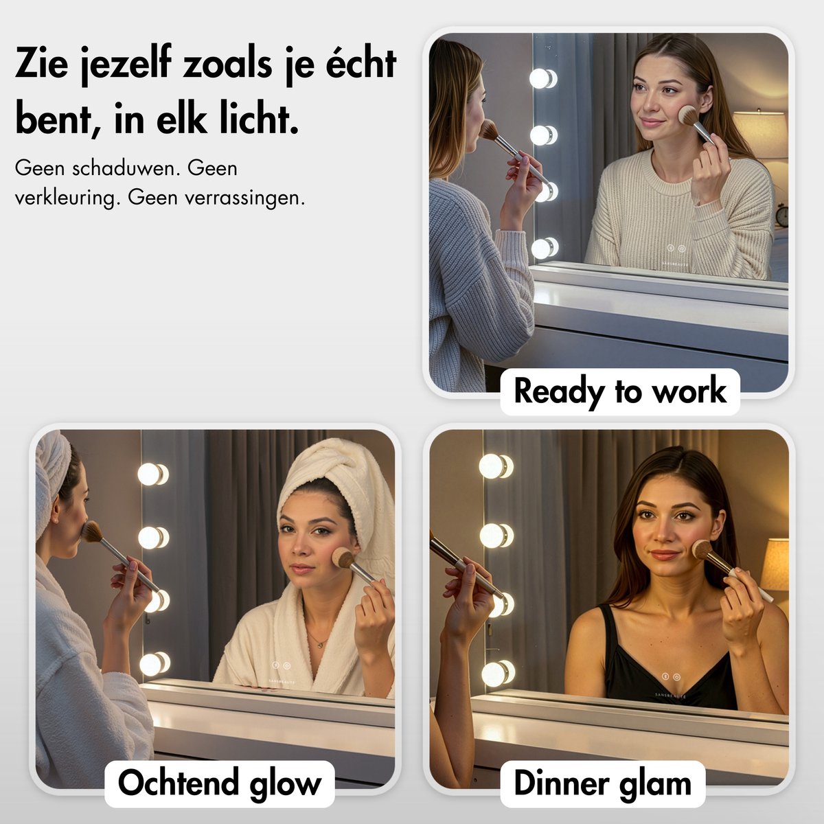 Sansbeauté® Hollywood Mirror 58x43 cm - Miroir de maquillage - 15 lampes LED - grossissement 10x - dimmable - port de charge USB - Touch Control - Bluetooth - blanc