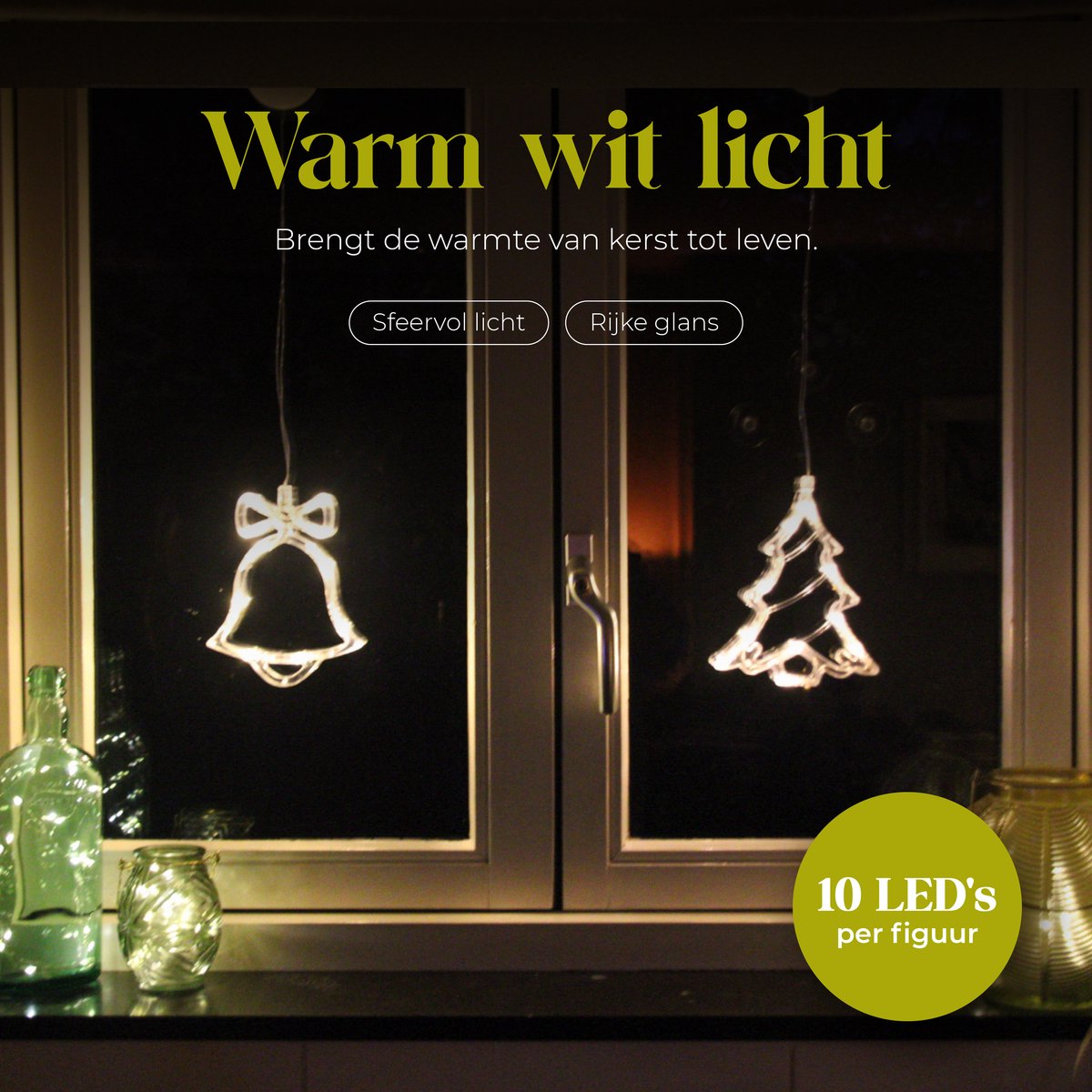 Giftmas Décoration suspendue LED Cloche de Noël & Arbre de Noël Blanc Chaud 14x18.3 cm - Alimentation par piles - Décorations de fenêtres pour l'intérieur