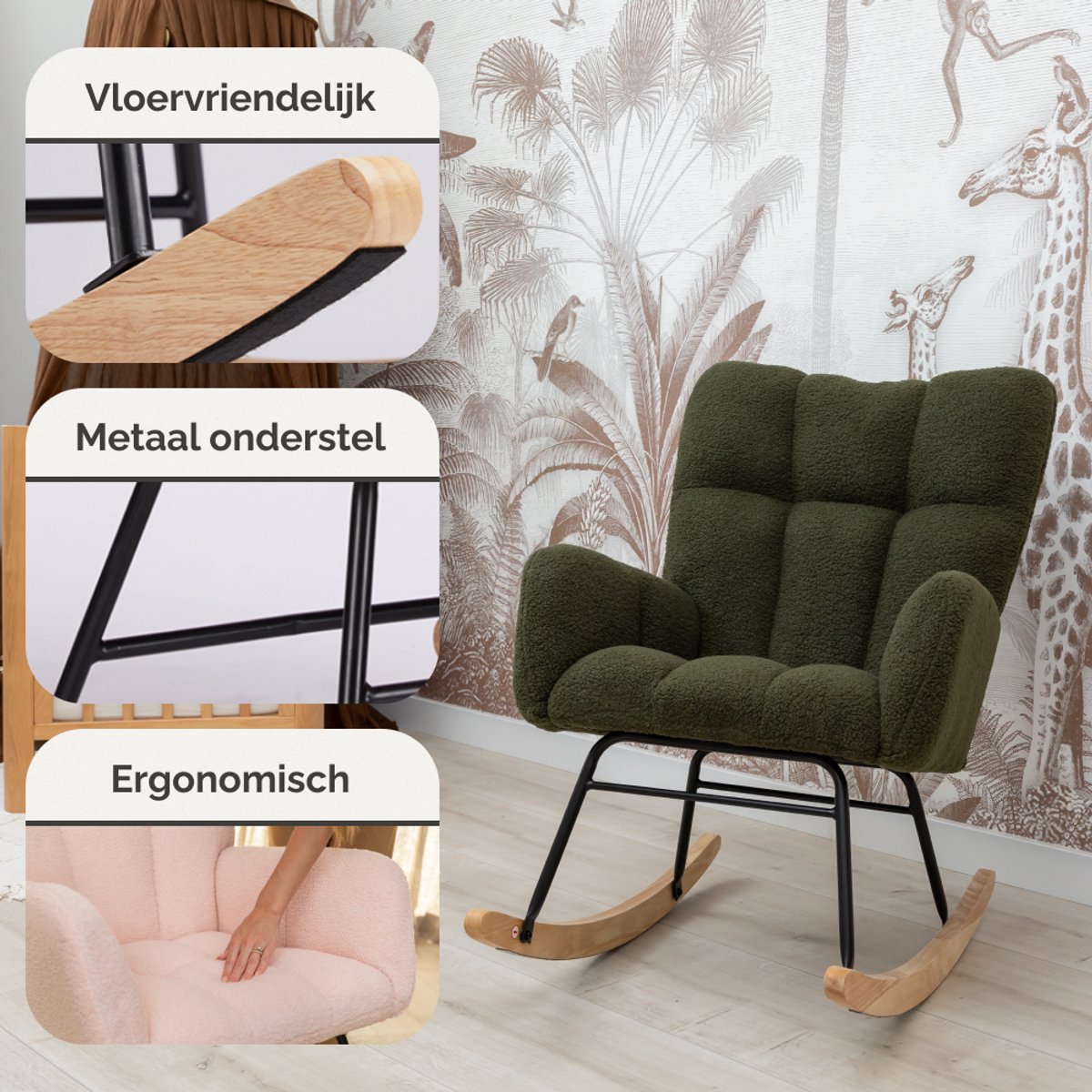 SITTT Fauteuil à bascule Noella - vert foncé - 70x96x97 cm - fauteuil de relaxation et de puériculture