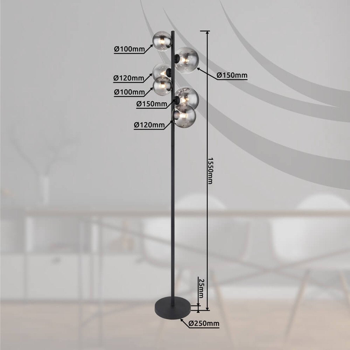 Globo Riha Lampadaire - Métal noir avec verre fumé - 155 cm - 6xG9 LED