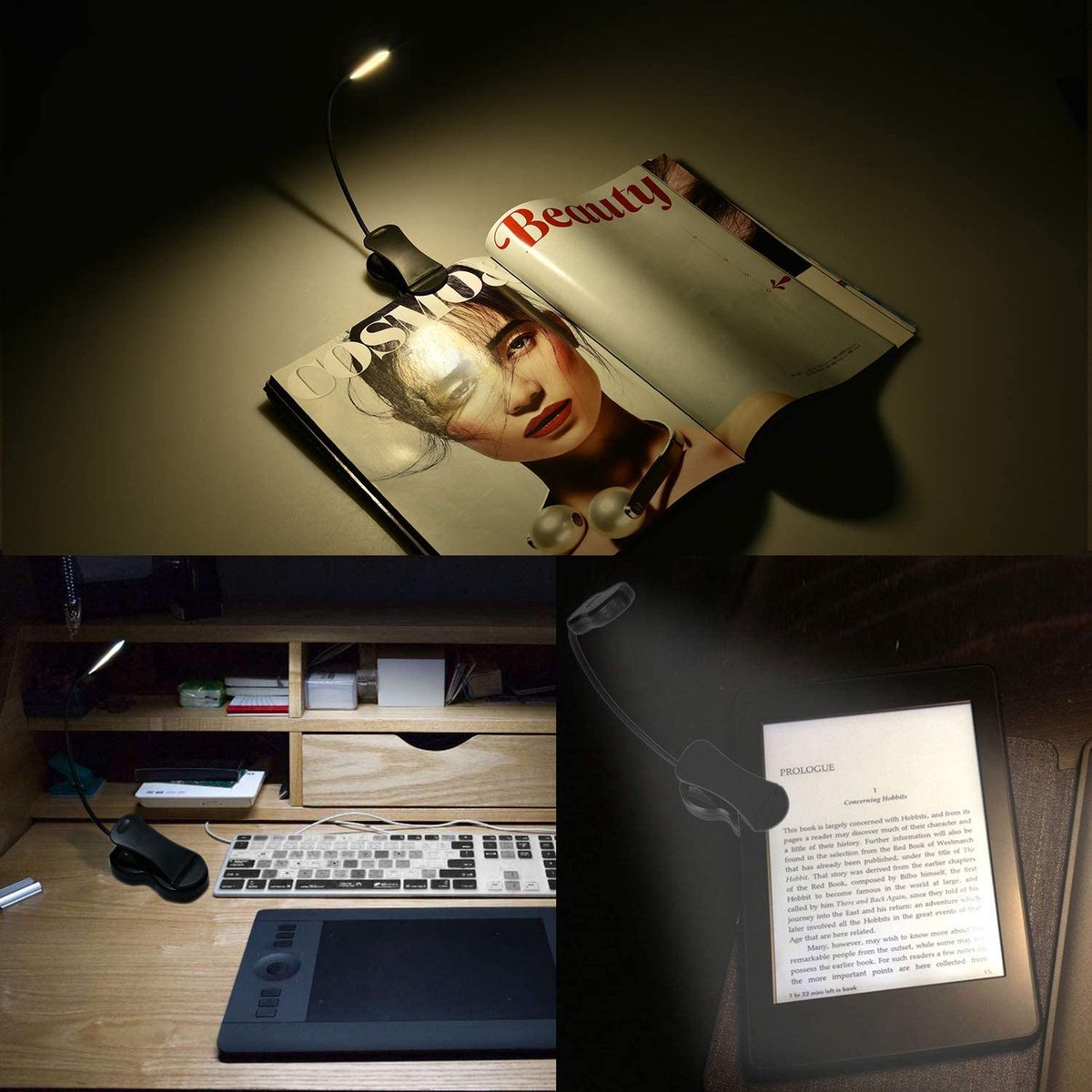 Lampe de lecture Podec - avec pince et niveaux de lumière graduables - rechargeable - 9 x 3 x 17 cm - noir