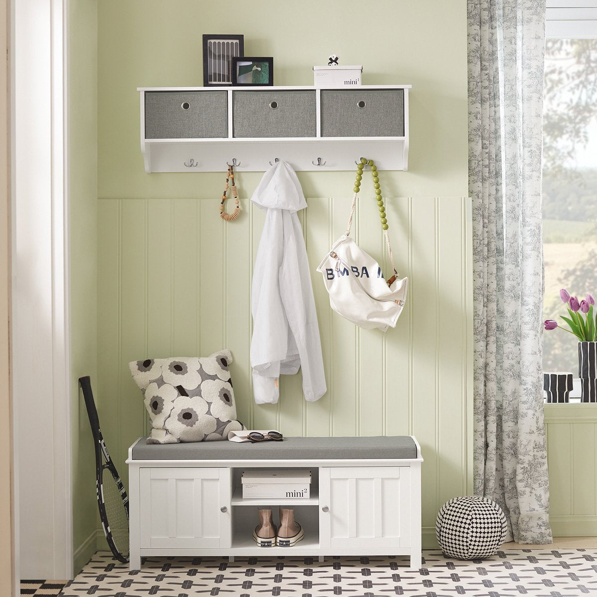 SoBuy FRG282-W Porte-manteau mural avec 3 tiroirs - Porte-manteau avec 5 crochets et rangement, porte-manteau mural, blanc-gris, 100x20x30cm