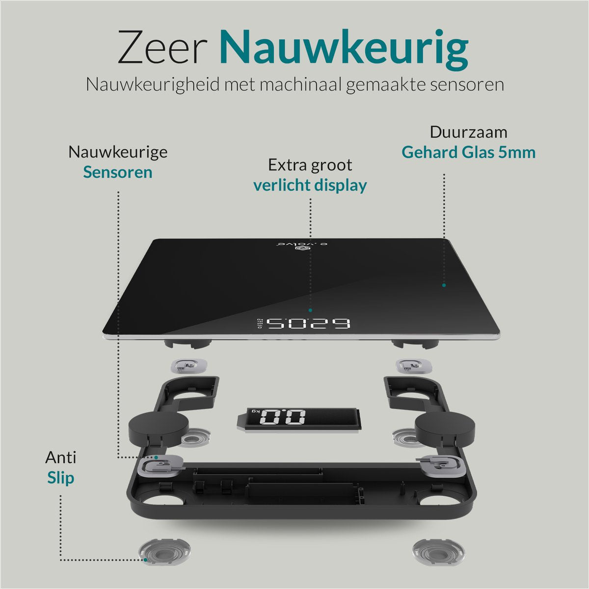 E-volve - Pèse-personne numérique - Piles incluses - Verre trempé - Affichage LCD - Jusqu'à 180 kg - Mesure précise - Noir