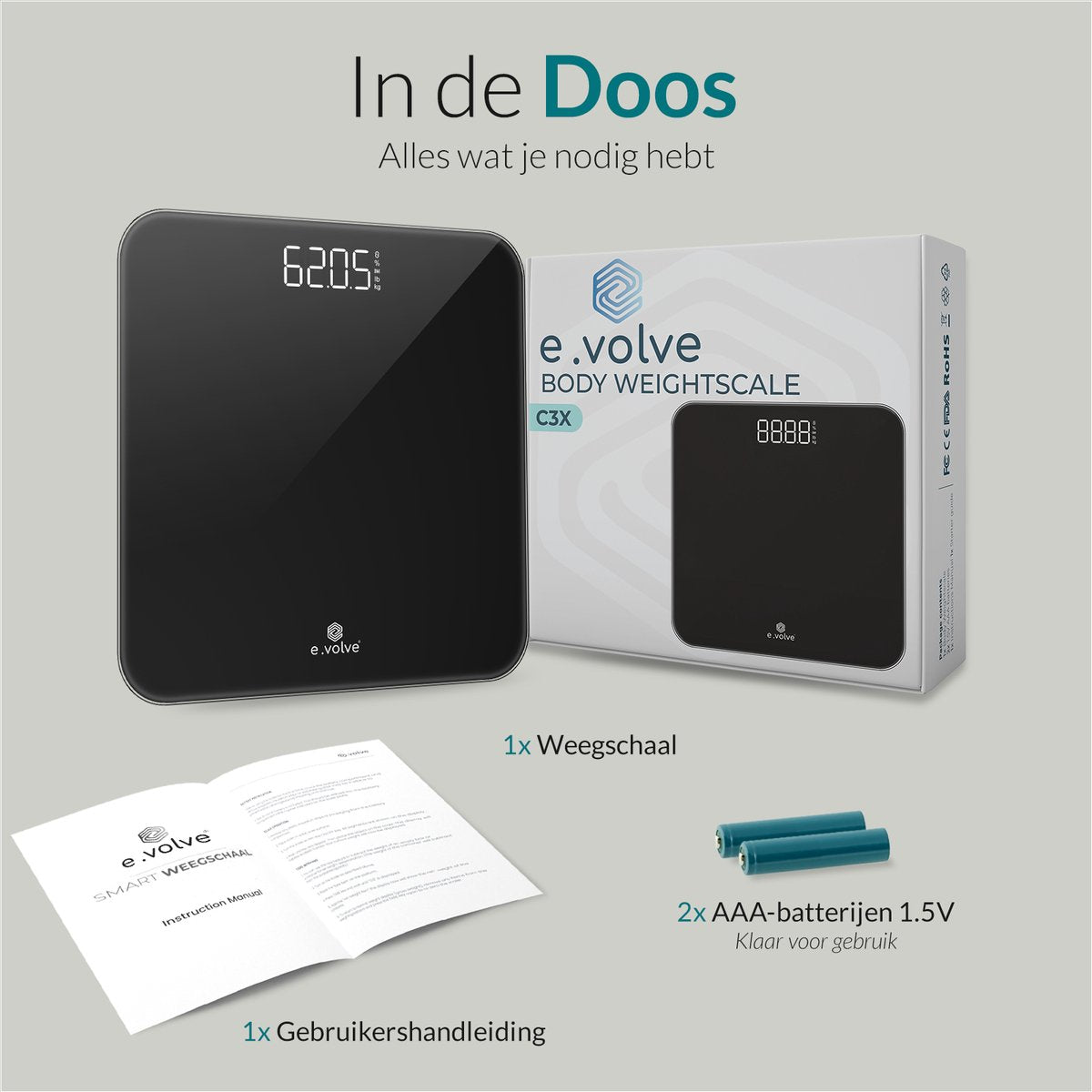 E-volve - Pèse-personne numérique - Piles incluses - Verre trempé - Affichage LCD - Jusqu'à 180 kg - Mesure précise - Noir
