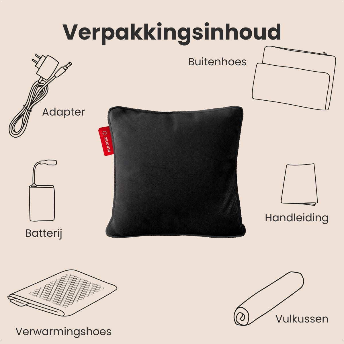 Auronic Heat Pillow - Velvet - 45x45 - Sans fil - Rechargeable - Oreiller électrique - Infrarouge - Noir