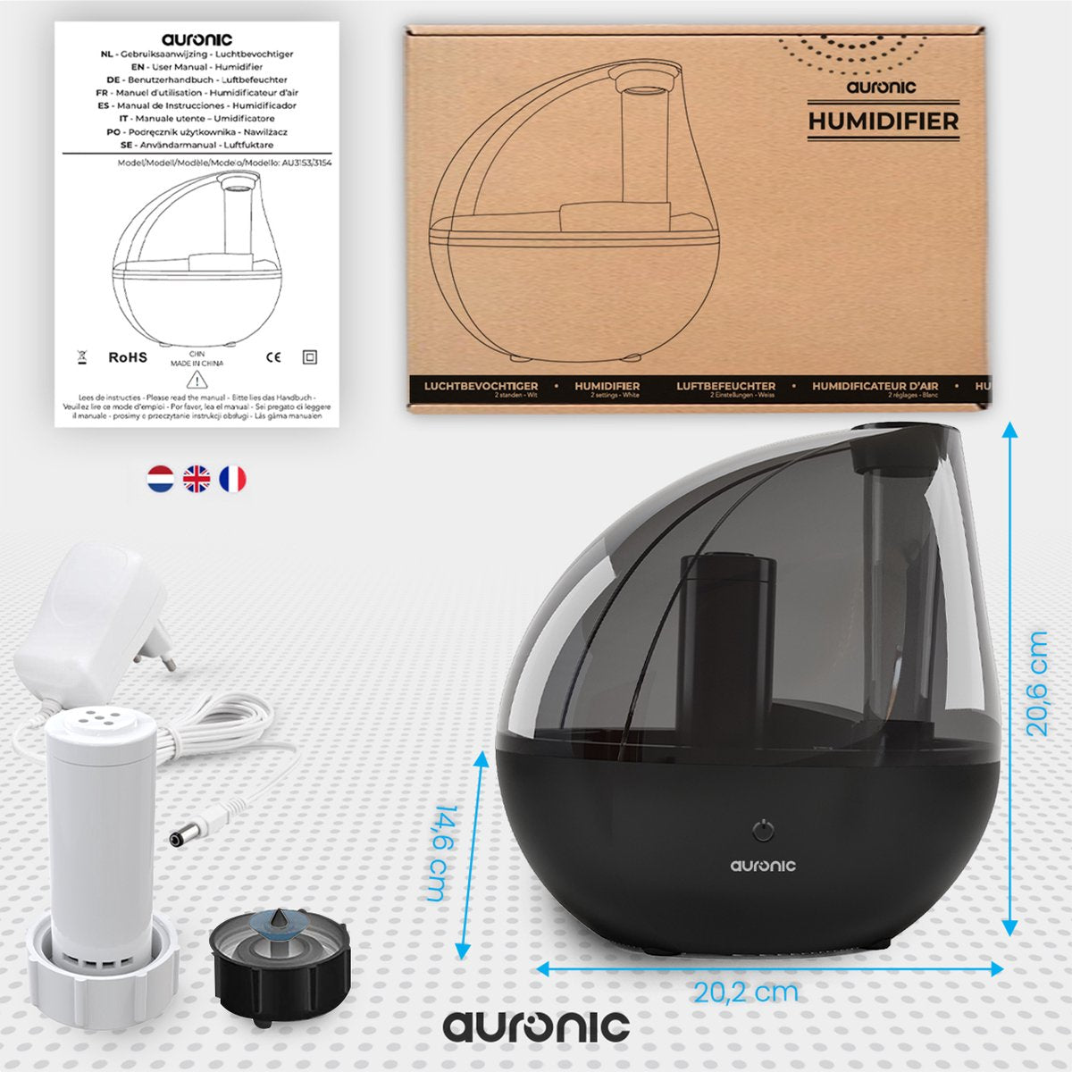 Humidificateur Auronic - Adapté à la chambre de bébé et à la chambre à coucher - Noir - Filtre à eau inclus
