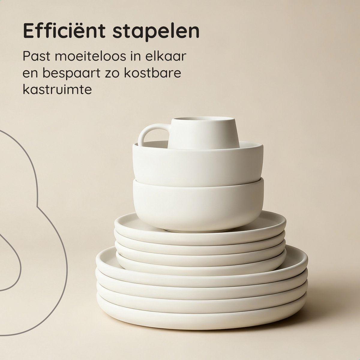 Deleca Service de table 6 personnes Kyoto - Tasses à café avec oreille / Bols / Grandes assiettes et petites assiettes - Style Japonais - Faïence massive - Blanc crème / 24 pièces