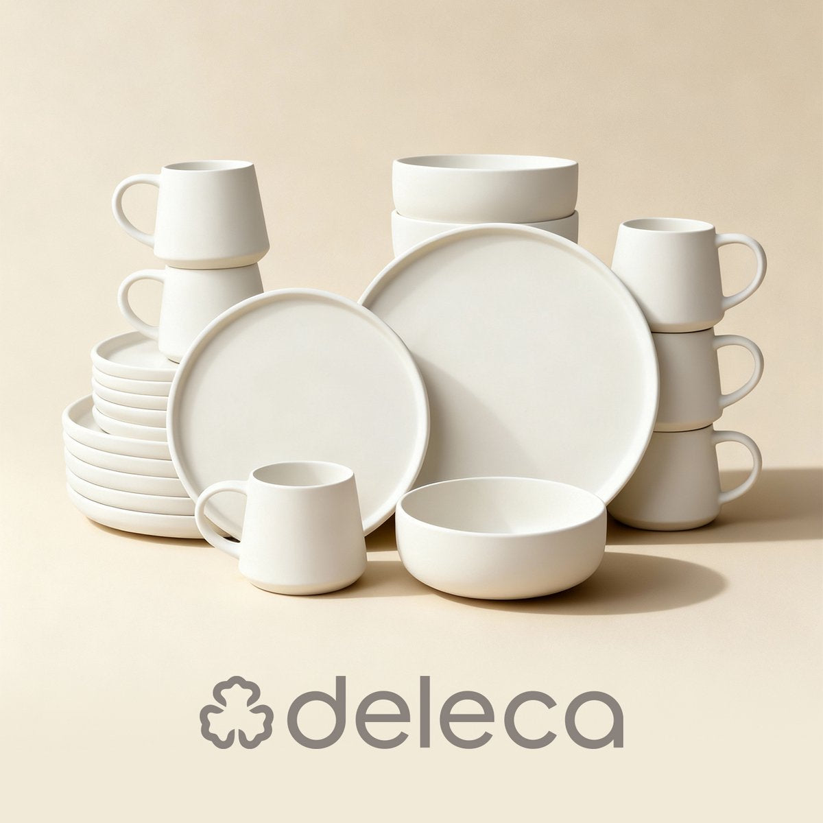 Deleca Service de table 6 personnes Kyoto - Tasses à café avec oreille / Bols / Grandes assiettes et petites assiettes - Style Japonais - Faïence massive - Blanc crème / 24 pièces