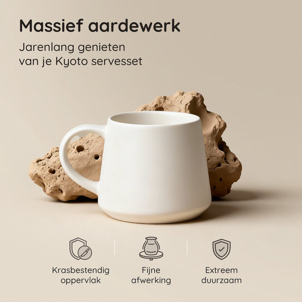 Deleca Service de table 6 personnes Kyoto - Tasses à café avec oreille / Bols / Grandes assiettes et petites assiettes - Style Japonais - Faïence massive - Blanc crème / 24 pièces