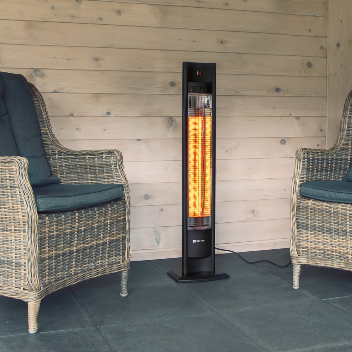 VONROC Chauffe-terrasse Filicudi - Infrarouge - 2000W - Haute efficacité - Elément en carbone - 2 modes de chauffage - Ecran LCD - Télécommande incluse