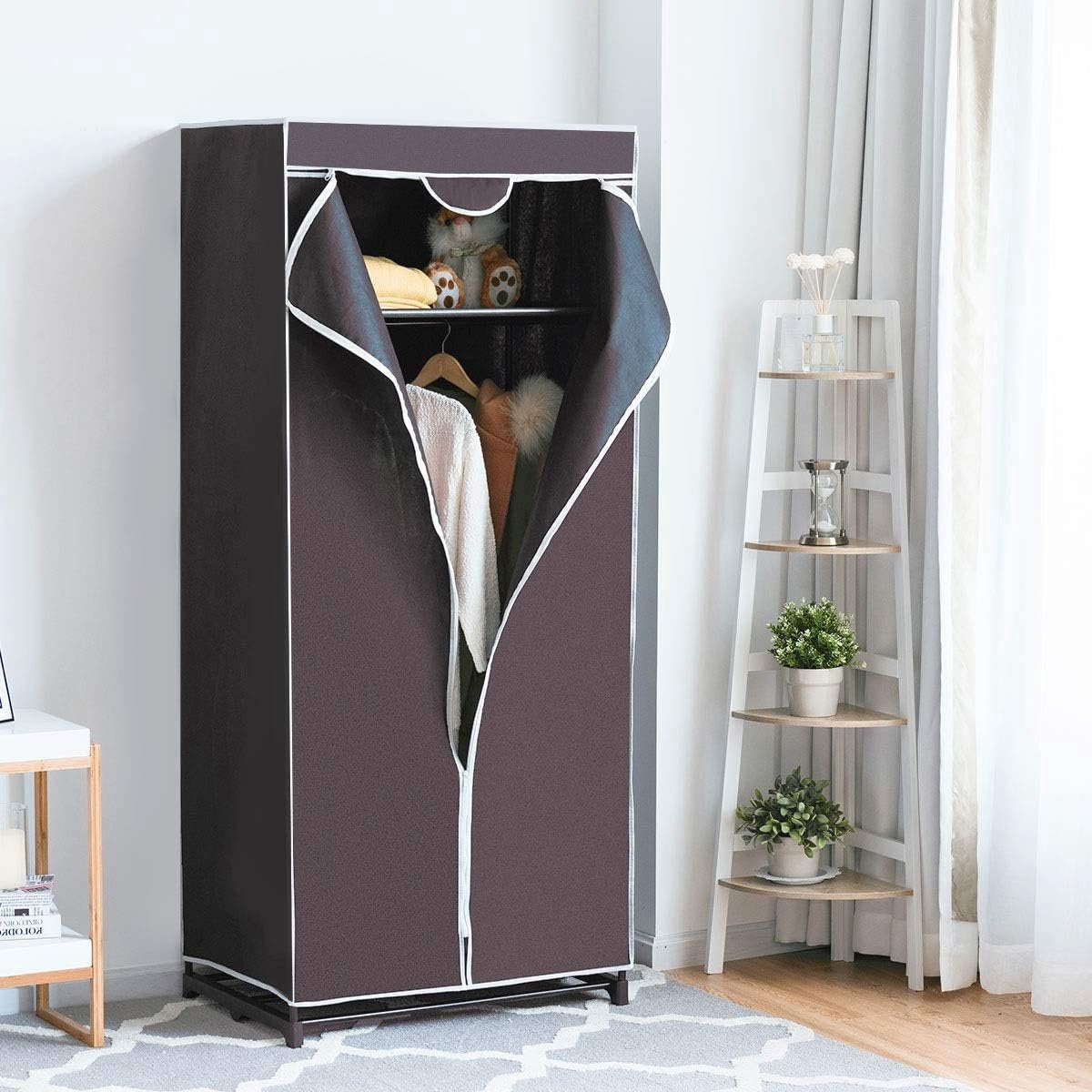 Armoire côtière en tissu - équipée d'une tringle à vêtements et d'une housse respirante avec fermeture éclair et pieds antidérapants - pour la chambre à coucher et le camping - fer noir et tissu non tissé - 74 x 50 x 172 cm