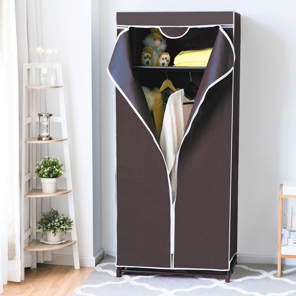 Armoire côtière en tissu - équipée d'une tringle à vêtements et d'une housse respirante avec fermeture éclair et pieds antidérapants - pour la chambre à coucher et le camping - fer noir et tissu non tissé - 74 x 50 x 172 cm