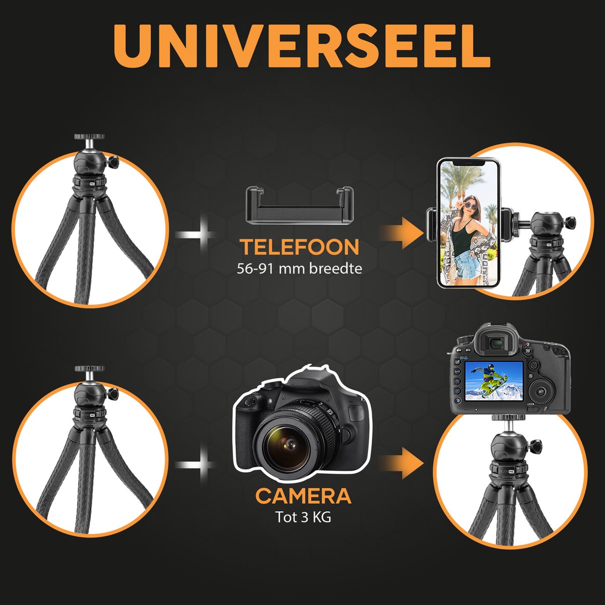 Studio ME Phone Tripod - Trépied Smartphone - Flexible - Trépied pour appareil photo - Noir - Gorillapod - Support de téléphone