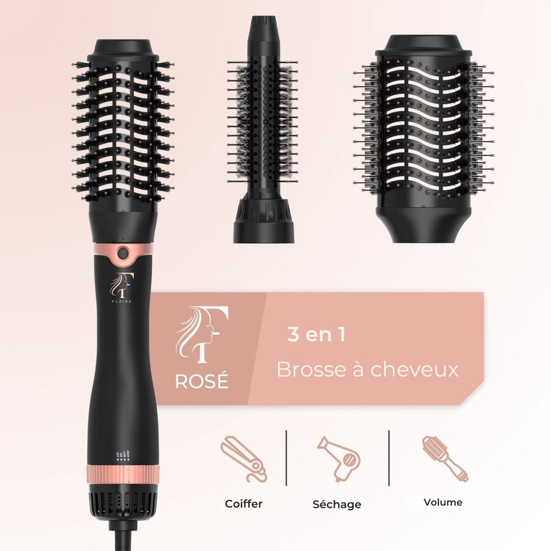 Brosse sèche-cheveux avec 3 accessoires Flaire ROSÉ - Brosse à boucler en céramique - ionique - 1200W - noir