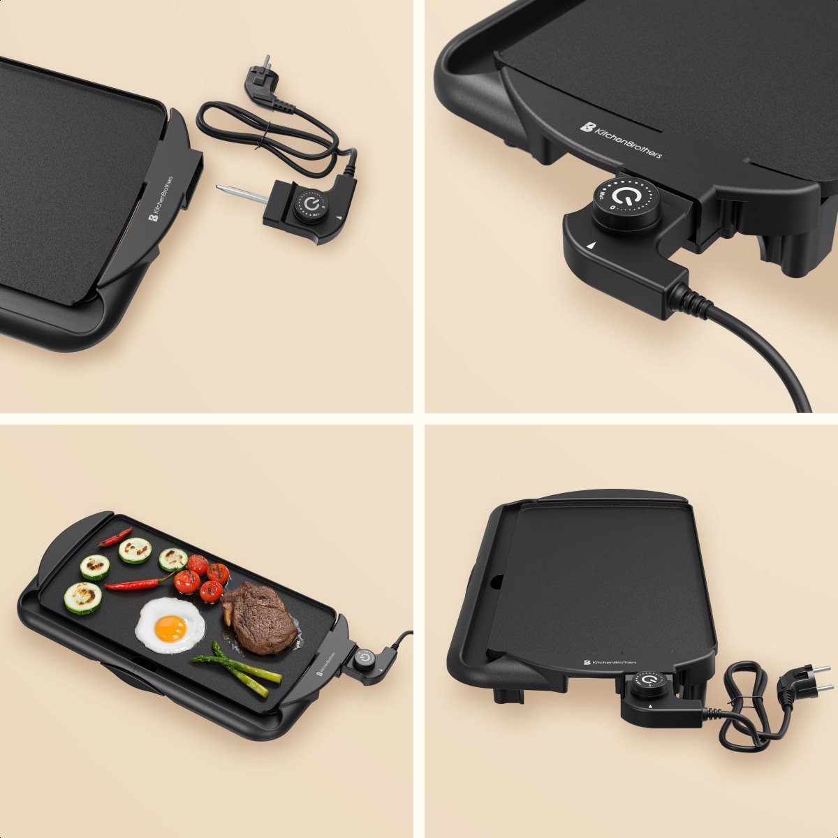 KitchenBrothers Plaque de gril électrique XL - 2000W - Gril Teppanyaki - Grillades en toute sécurité - Noir
