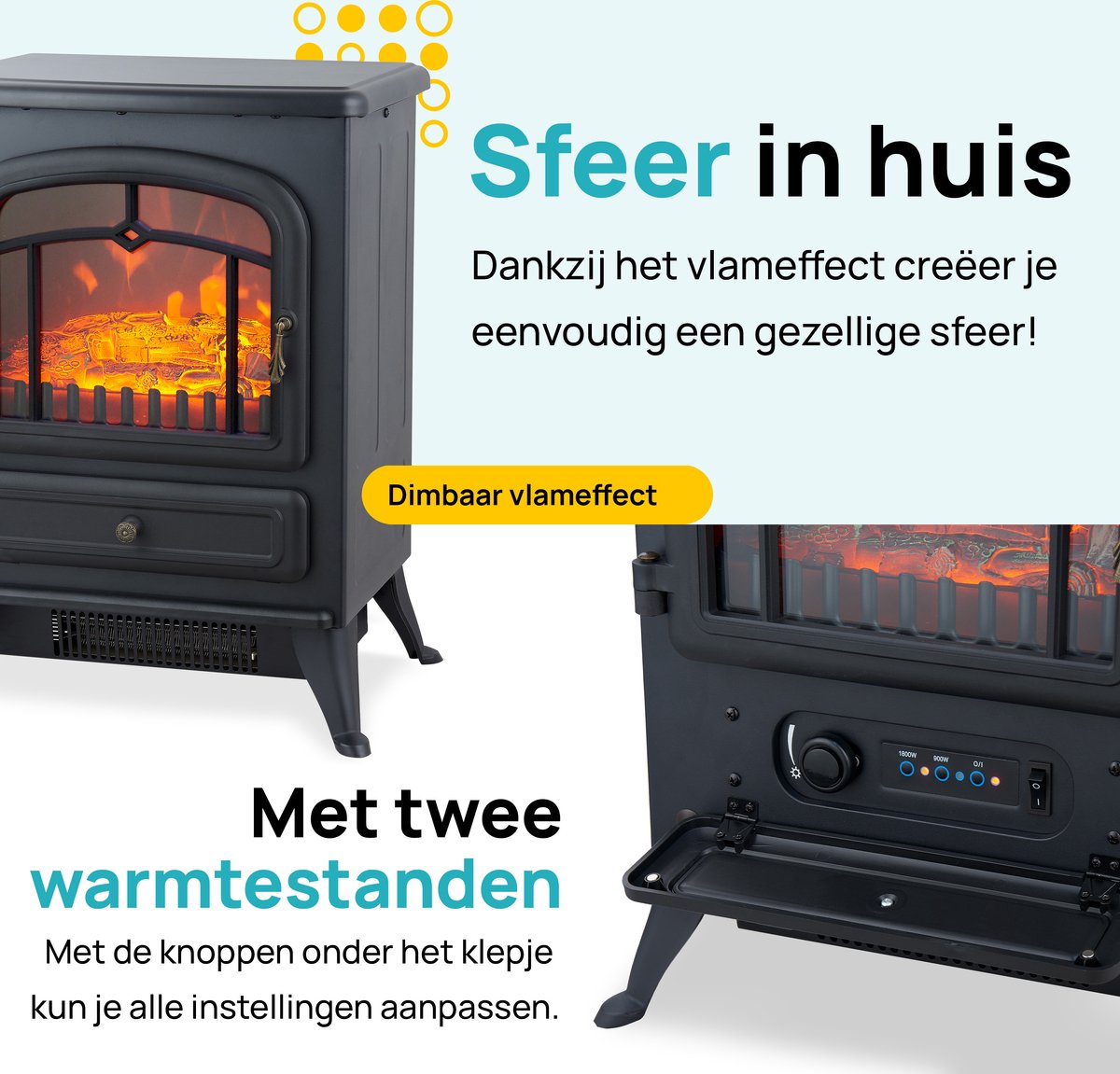 MOA Cheminée électrique d'ambiance ES180 - Freestanding - 1800W - Effet de flamme réaliste - Cheminée - Noir