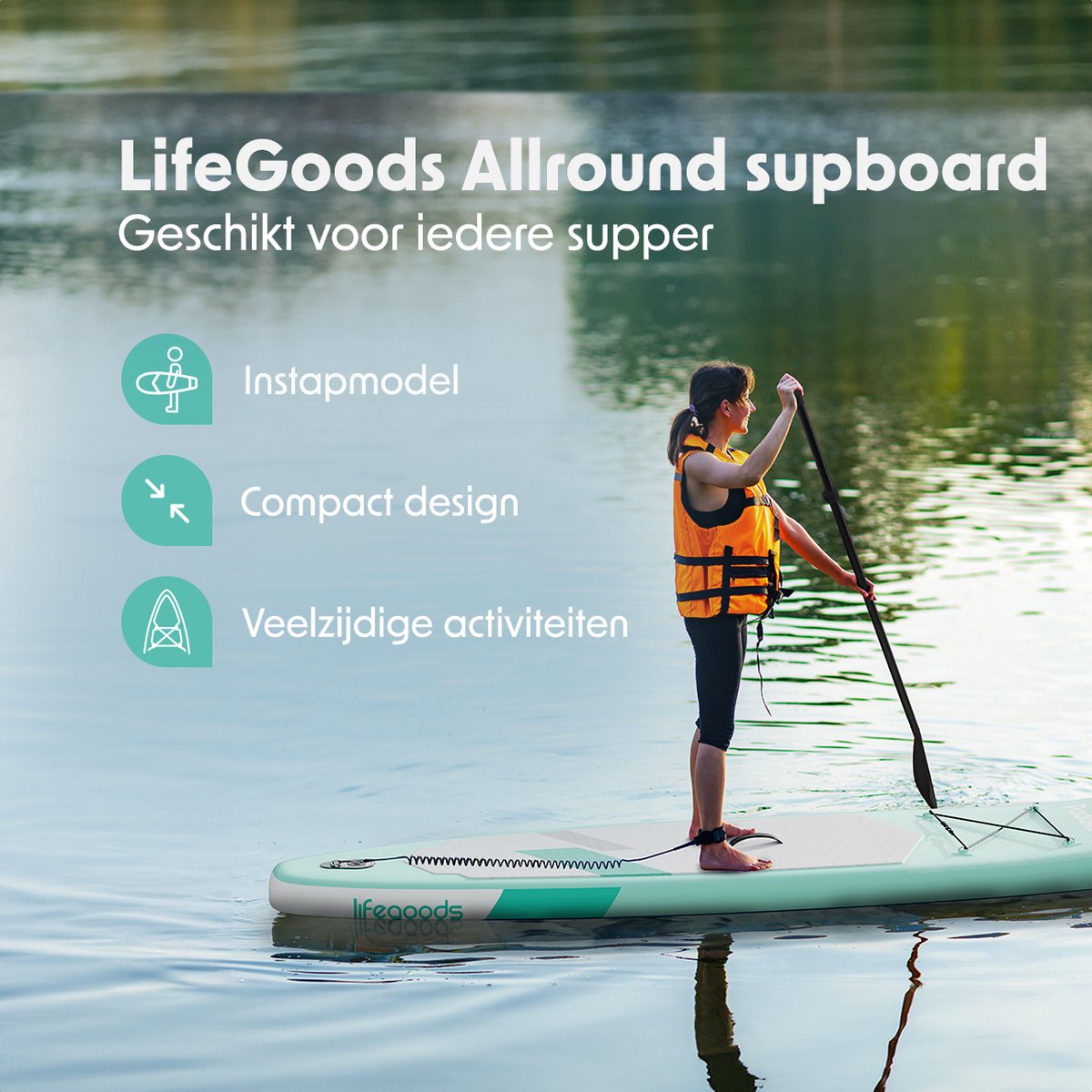LifeGoods SUP Board - All-round Compact - 100 KG Carrying Capacity - Inflatable - Complete SUP Package - Pastel Green