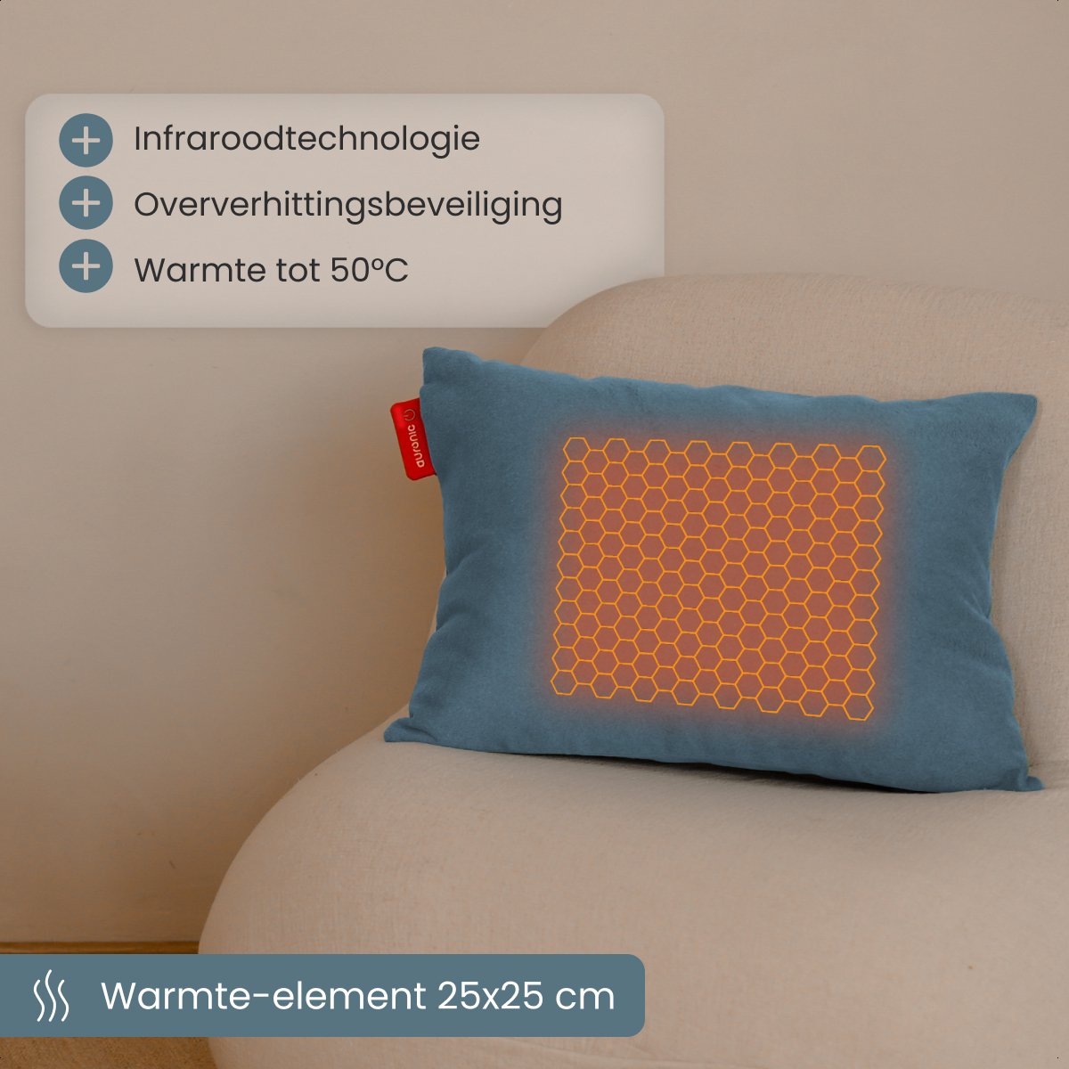 Auronic - Oreiller chauffant infrarouge Classic - 45 x 60 cm - équipé d'une batterie de 10 000 mAh et de 3 modes de chauffage et d'un câble de 2,5 mètres - pour l'intérieur et l'extérieur - Textile bleu gris