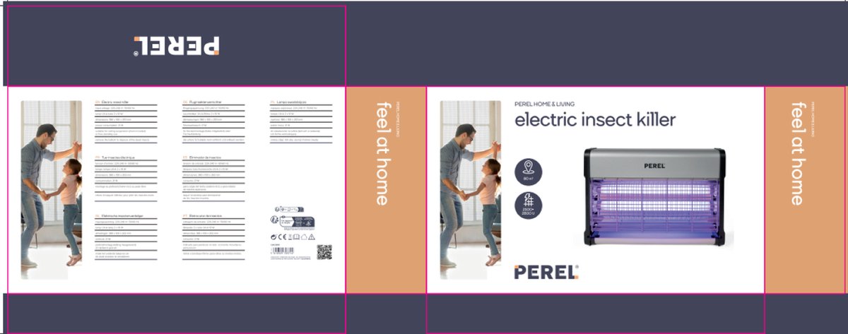 Perel - Désinsectiseur - Électrique - Grille de tension 2800 V - Bac de récupération amovible - 80 m² - Métal - Argent/Noir