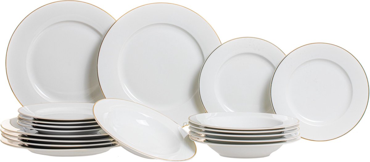 Studio Tavola Service de vaisselle 18 pièces Blanc avec bord doré - 6 assiettes plates Ø 27.5 cm, 6 assiettes creuses Ø 21.5 cm, 6 assiettes à déjeuner Ø 20.5 cm