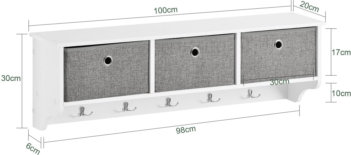 SoBuy FRG282-W Porte-manteau mural avec 3 tiroirs - Porte-manteau avec 5 crochets et rangement, porte-manteau mural, blanc-gris, 100x20x30cm
