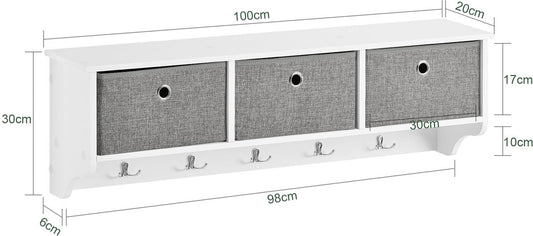 SoBuy FRG282-W Porte-manteau mural avec 3 tiroirs - Porte-manteau avec 5 crochets et rangement, porte-manteau mural, blanc-gris, 100x20x30cm