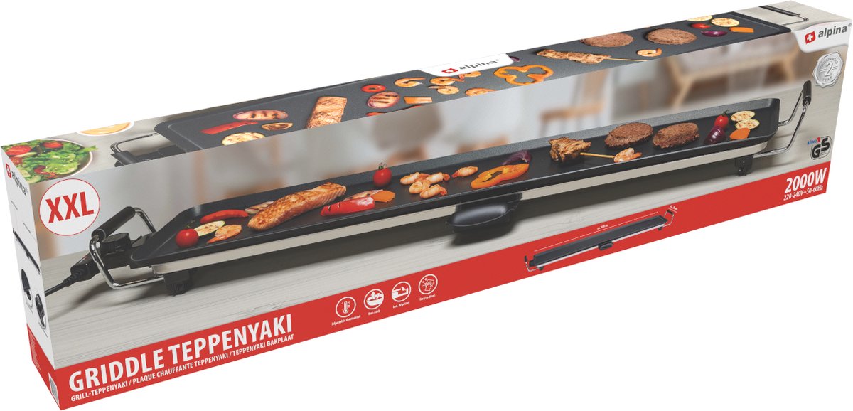 Plaque Teppanyaki XXL - Alpina - Plaque de cuisson - 100x20 cm - 2000 W - Thermostat réglable - Revêtement antiadhésif - Noir