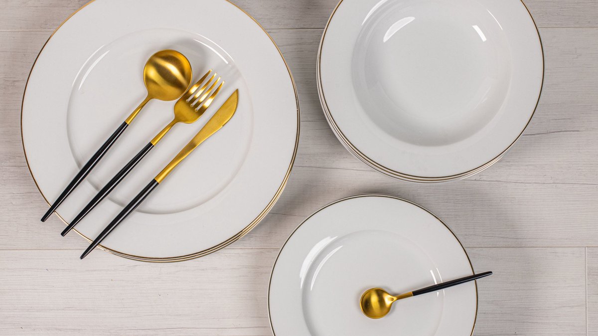 Studio Tavola Service de vaisselle 18 pièces Blanc avec bord doré - 6 assiettes plates Ø 27.5 cm, 6 assiettes creuses Ø 21.5 cm, 6 assiettes à déjeuner Ø 20.5 cm