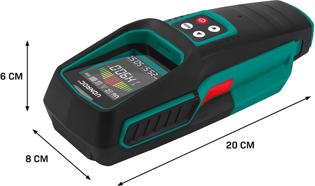 VONROC Localisateur de tuyaux WD501DC - Multidétecteur pour métal, bois et électricité - avec mesure numérique de l'angle, de la température et de l'humidité - LCD multicolore - 17 x 7 x 3 cm