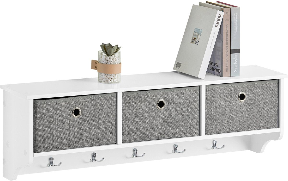 SoBuy FRG282-W Porte-manteau mural avec 3 tiroirs - Porte-manteau avec 5 crochets et rangement, porte-manteau mural, blanc-gris, 100x20x30cm