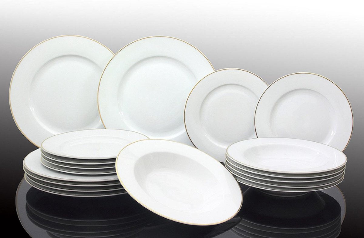 Studio Tavola Service de vaisselle 18 pièces Blanc avec bord doré - 6 assiettes plates Ø 27.5 cm, 6 assiettes creuses Ø 21.5 cm, 6 assiettes à déjeuner Ø 20.5 cm