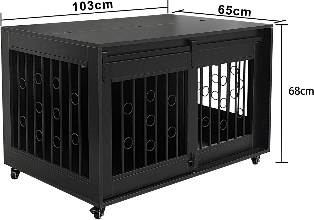 HuisenDier niche sur roues - banc pour 2 chiens - mobile - 2 espaces séparés - chiot et petit chien - noir