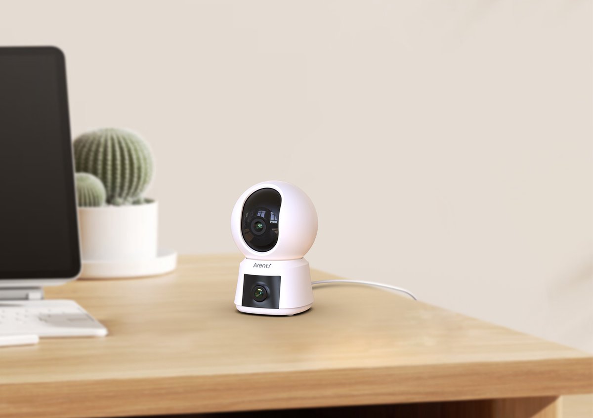 Arenti P3TT Caméra de sécurité Wifi pour intérieur Double objectif - Caméra pour animaux de compagnie - Baby Monitor - 3MP - Déplaçable - Wifi bi-bande - Sans fil - Surveillance Full360°.