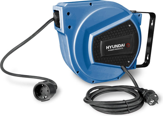 Enrouleur de câble mural Hyundai 15 m 3x1,5 mm² rétractable automatiquement bleu - support mural pivotant - 3200 W