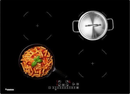 KitchenBrothers Table de cuisson à induction - Table de cuisson à induction encastrable - 70 cm - 4 zones - 1 et 2 phases - Jusqu'à 2300W - Noir