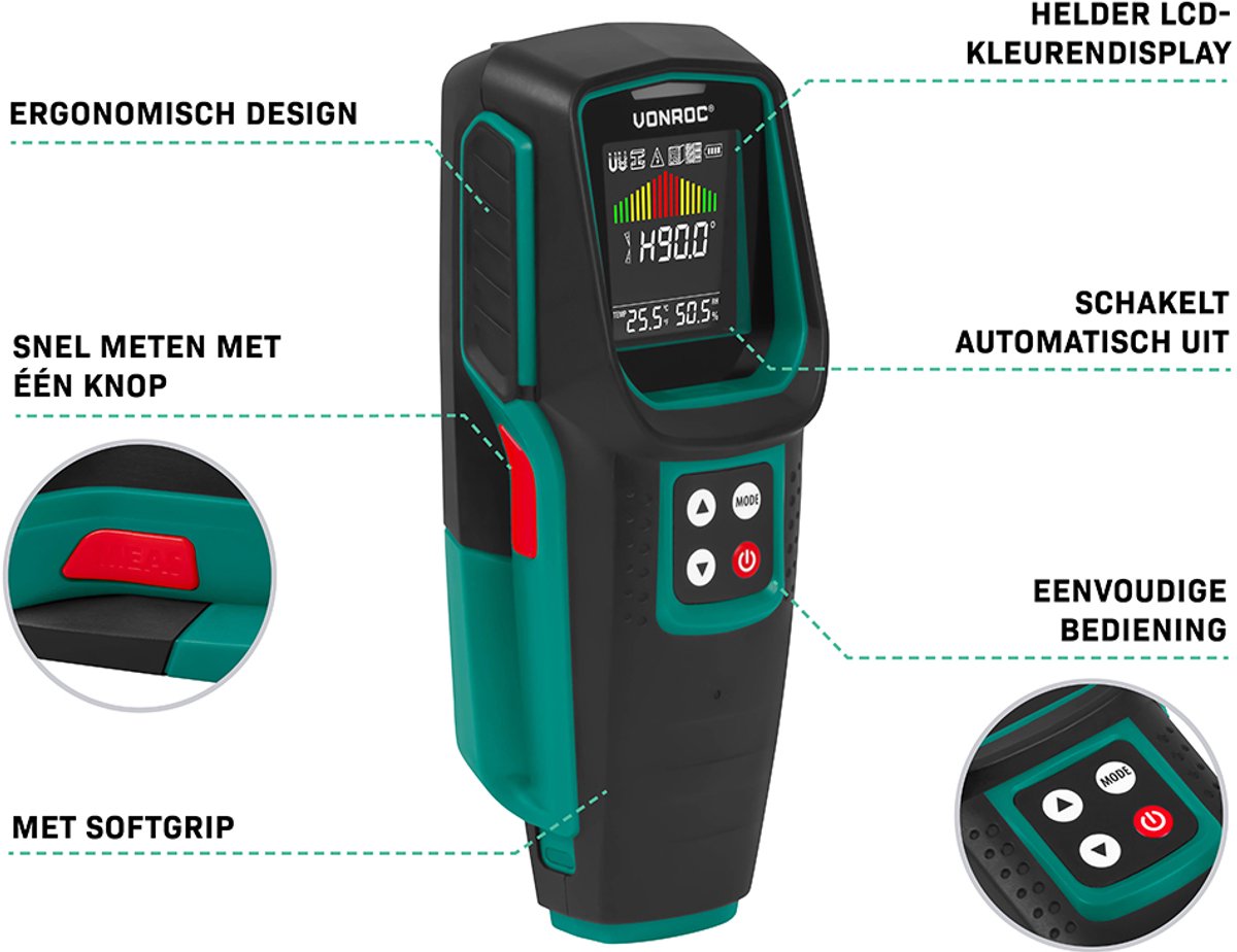 VONROC Localisateur de tuyaux WD501DC - Multidétecteur pour métal, bois et électricité - avec mesure numérique de l'angle, de la température et de l'humidité - LCD multicolore - 17 x 7 x 3 cm