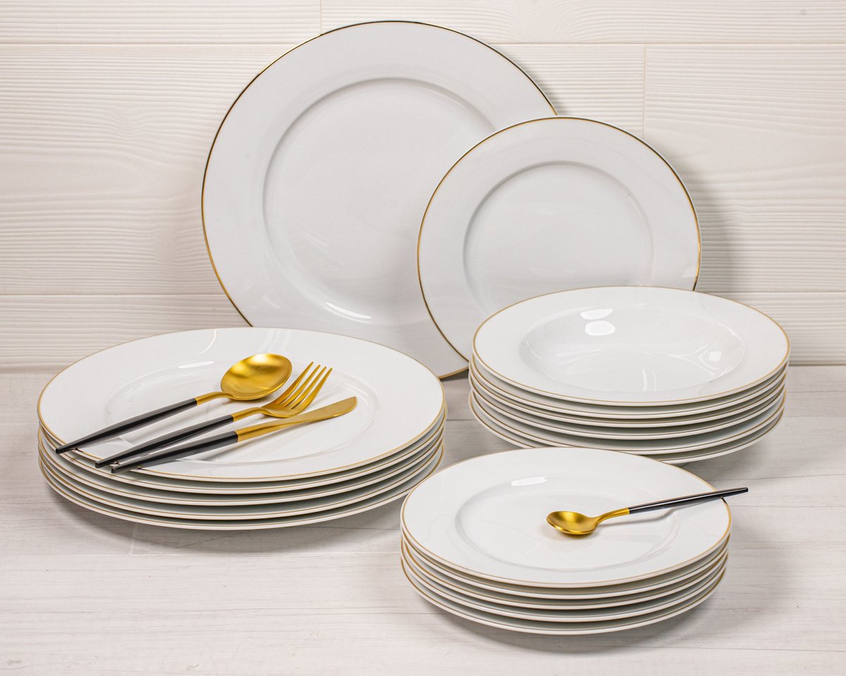 Studio Tavola Service de vaisselle 18 pièces Blanc avec bord doré - 6 assiettes plates Ø 27.5 cm, 6 assiettes creuses Ø 21.5 cm, 6 assiettes à déjeuner Ø 20.5 cm