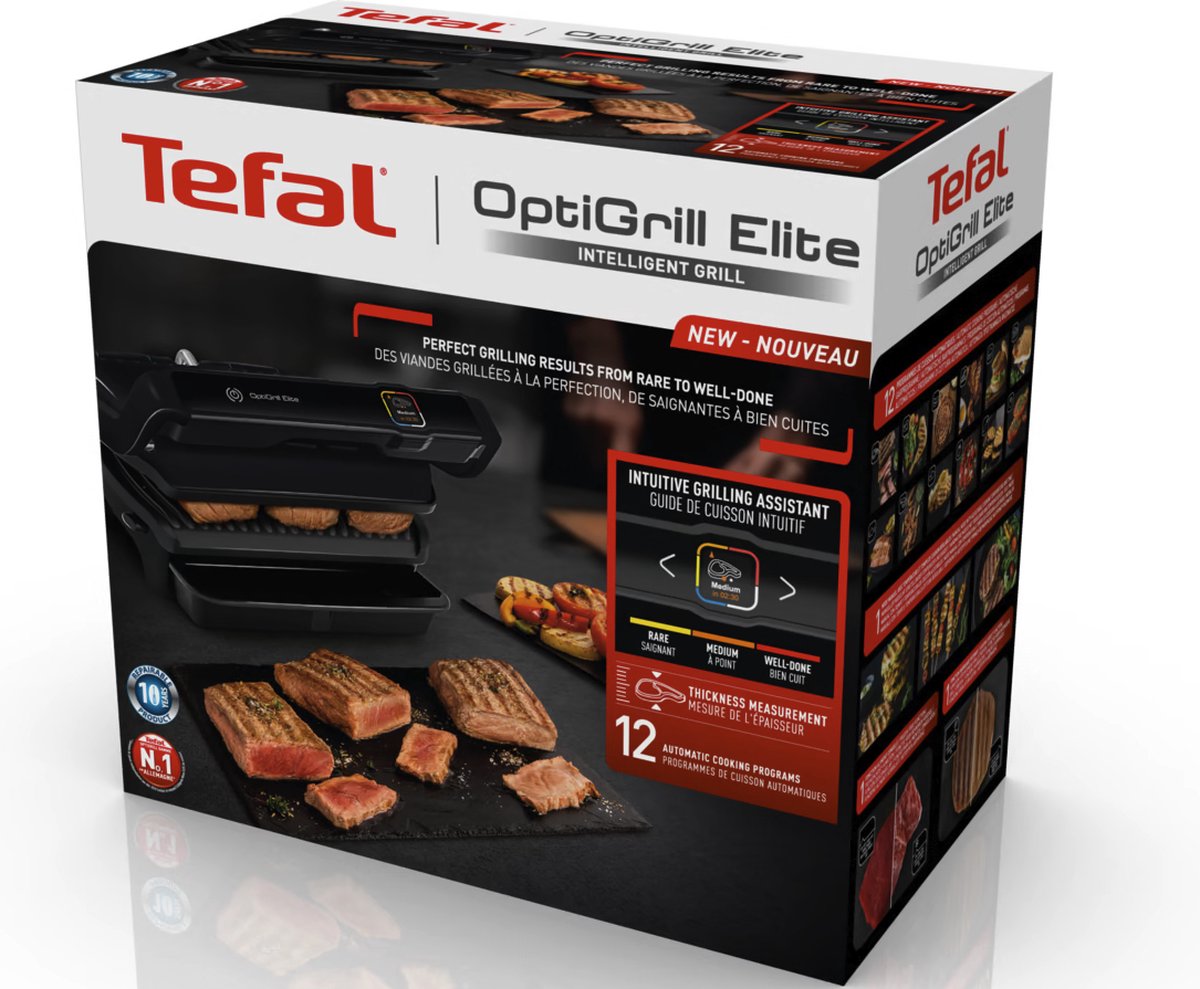 Tefal OptiGrill Elite GC7508 - Gril de contact intelligent 30x20 cm - 12 programmes automatiques pour la viande, le poisson et les légumes - Assistant numérique de gril - Noir - 2000W