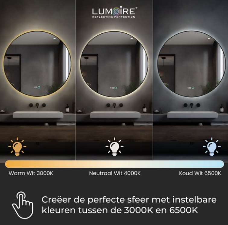 Miroir Lumoire Neon 8000 avec éclairage - Bord noir - Ø 80 cm - Rond, anti-buée, en forme d'horloge