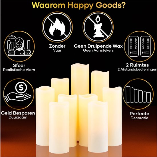 Happy Goods® - Set de bougies Led 9 pièces - VRAIE CIRE - 2 télécommandes - flamme mobile