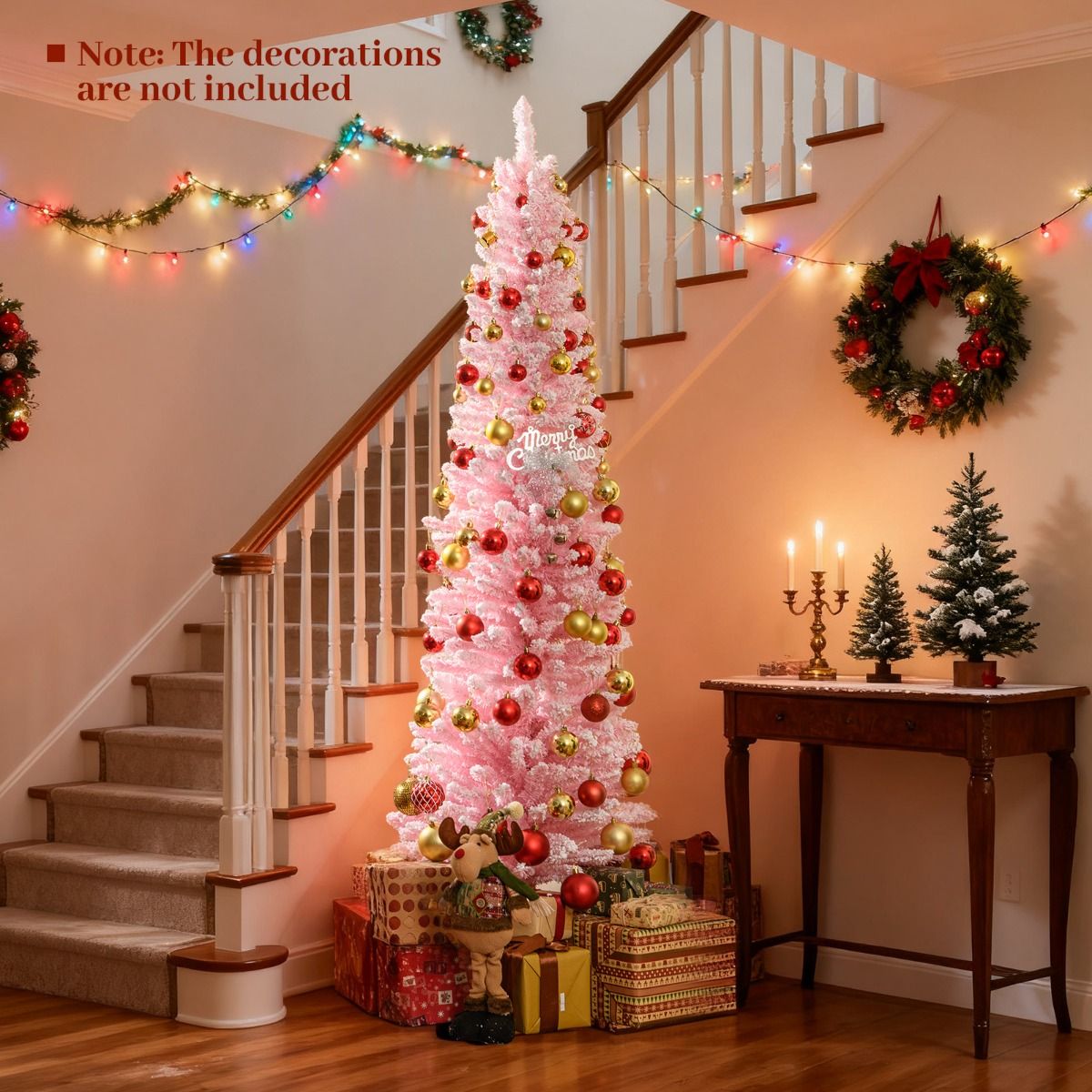 Coast Pink Artificial Christmas Tree 180 cm - Forme crayon élancée - Branches enneigées - Support métal