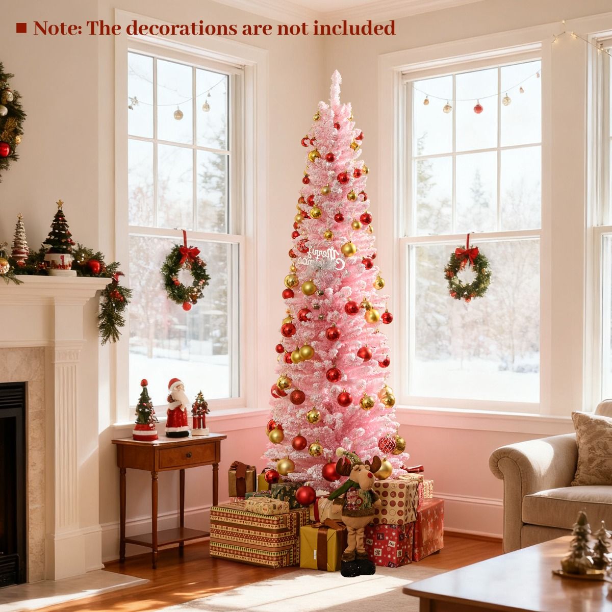 Coast Pink Artificial Christmas Tree 180 cm - Forme crayon élancée - Branches enneigées - Support métal