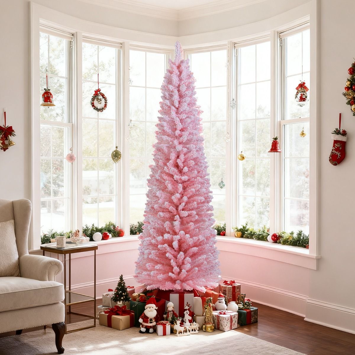 Coast Pink Artificial Christmas Tree 180 cm - Forme crayon élancée - Branches enneigées - Support métal
