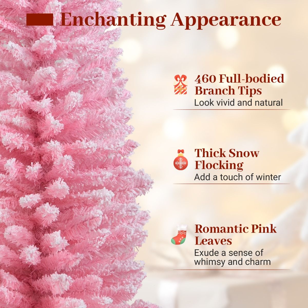 Coast Pink Artificial Christmas Tree 180 cm - Forme crayon élancée - Branches enneigées - Support métal