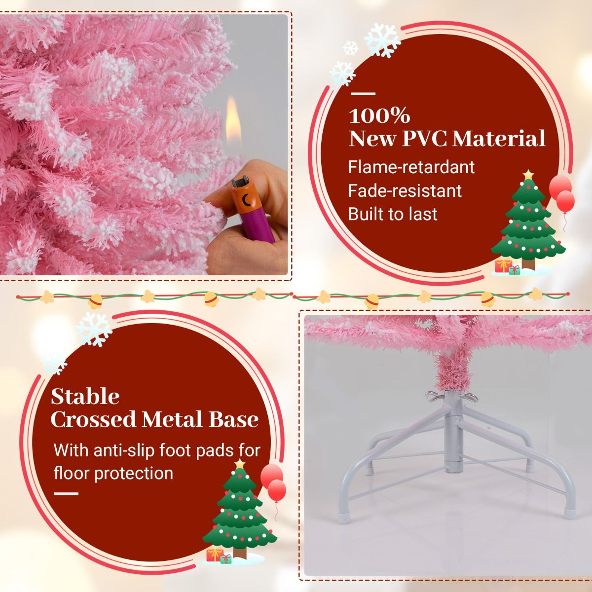 Coast Pink Artificial Christmas Tree 180 cm - Forme crayon élancée - Branches enneigées - Support métal