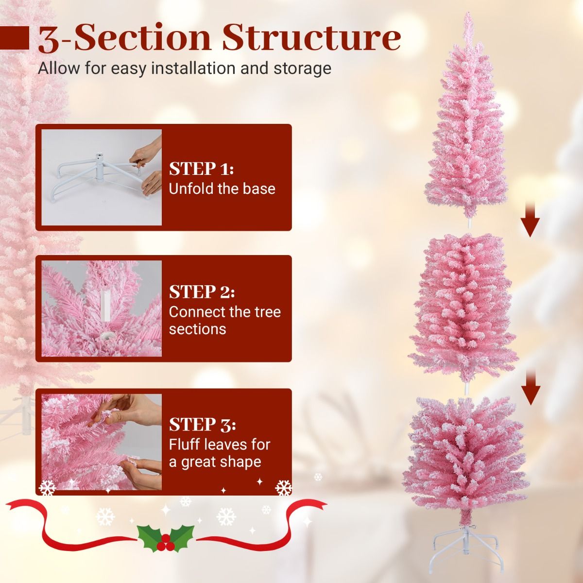 Coast Pink Artificial Christmas Tree 180 cm - Forme crayon élancée - Branches enneigées - Support métal