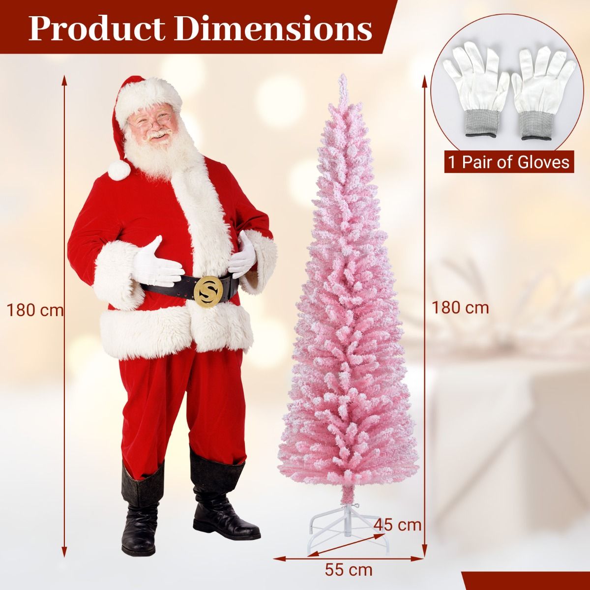 Coast Pink Artificial Christmas Tree 180 cm - Forme crayon élancée - Branches enneigées - Support métal