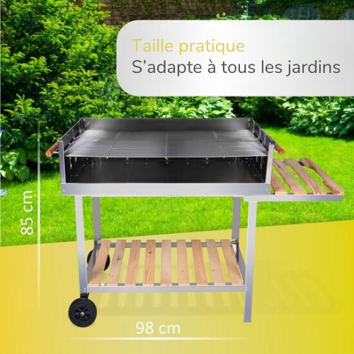 Barbecue au charbon de bois avec table - BBQ collection - Réglable en hauteur - 98 x 56 x 85 cm - noir/bois